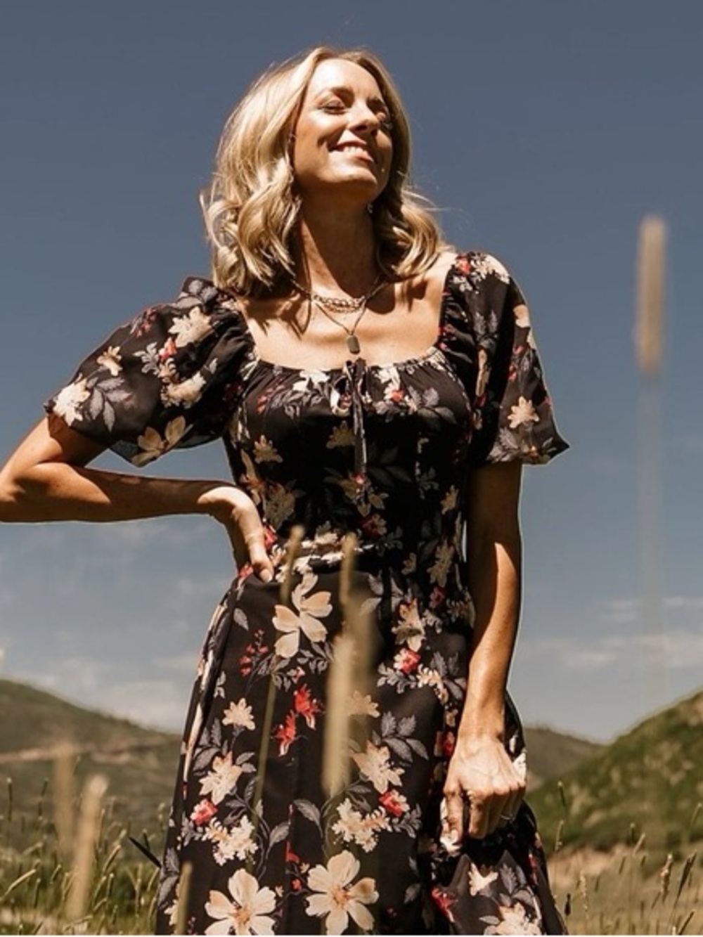 Baltic Born Black Floral Puff-Sleeve Midi Dress